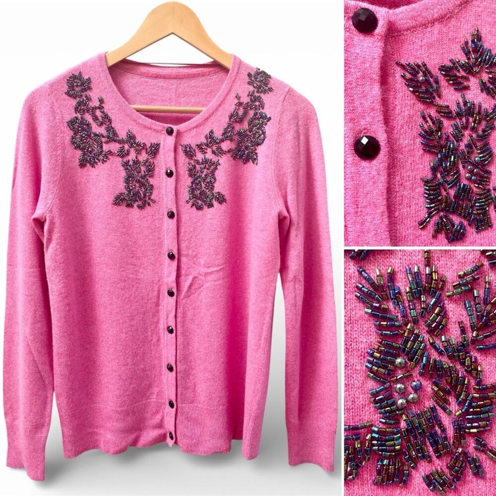 Clements Ribeiro Black Label Pink Hand-Beaded Wool Blend Cardigan Women's Medium